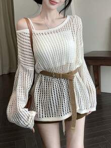 宽松针织罩衫，镂空设计，搭配吊带背心，舒适休闲时尚 - 杏色 - 查看 1