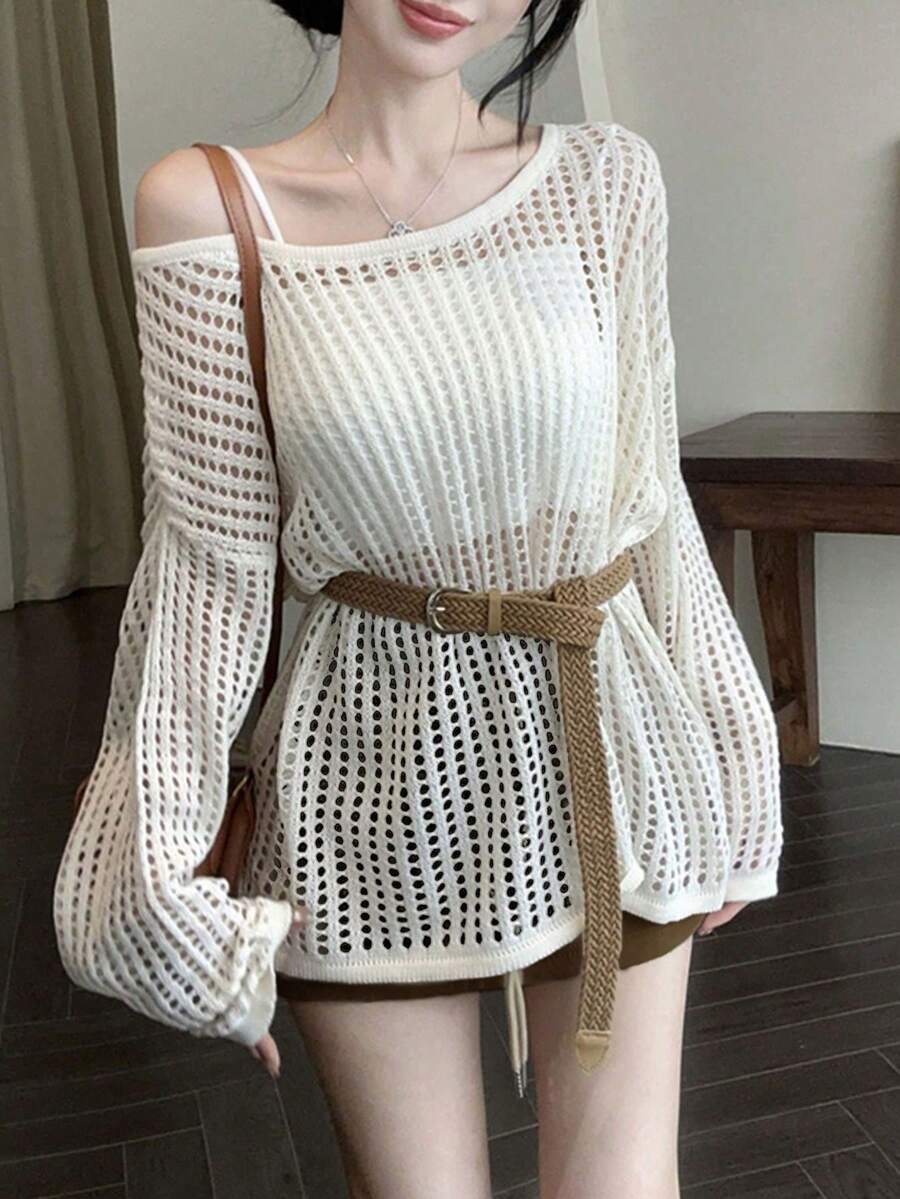 宽松针织罩衫，镂空设计，搭配吊带背心，舒适休闲时尚 - 杏色 - 查看 1