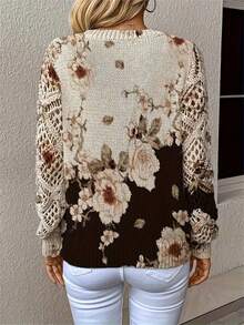 优雅印花V领长袖毛衣，百搭波西米亚风上衣，适合春、夏、秋、冬四季穿着，时尚针织套头衫，适合办公室、街头、居家、旅行等各种场合。黑色度假风 - 黑色 - 查看 2