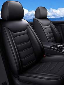 Sleek Black Faux Leather Stitched 5-Seater Full Coverage Car Seat Covers - Universal Fit Auto Seat Protectors - 五座黑色 - 查看 1