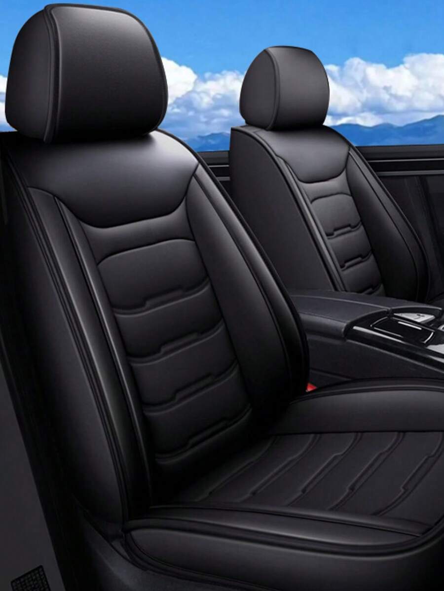 Sleek Black Faux Leather Stitched 5-Seater Full Coverage Car Seat Covers - Universal Fit Auto Seat Protectors - 五座黑色 - 查看 1
