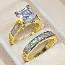 2Pcs Delicate Women's Fashion 925 Silver Plated Zirconia Wedding Ring Set Wedding Band Anniversary Gift Party Valentine's Day Engagement Women Jewelry Size 4-11# - 金色 - 查看 2