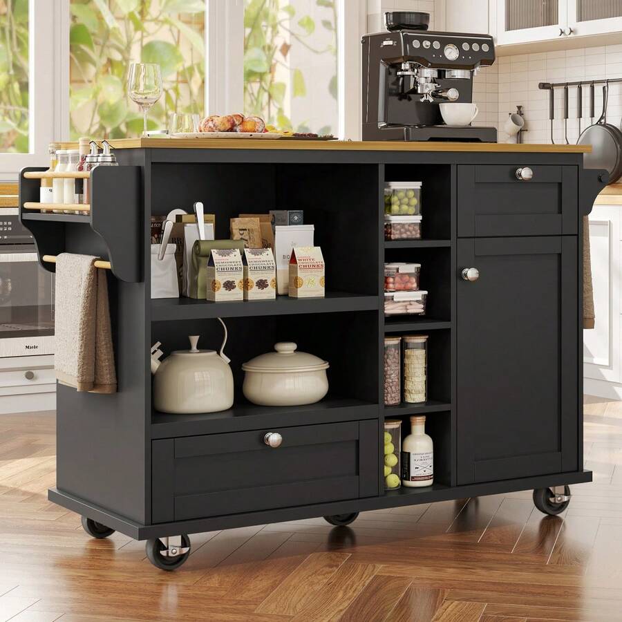 Dining Cart (129 X X 92), Modern And Simple Black, Kitchen Dining Cart With Drawers And Storage Cabinets, Light Brown Wood Countertop (Previous Sku: N620P19312829S) - Black + MDF - View 1