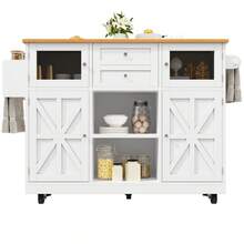 Kitchen Island, Dining Trolley With Countertop, Buffet Unit, Dining Trolley With Wood Grain, Side Towel Rack, Three-Dimensional Cabinet Doors With Wheels, Adjustable Partitions, Black - White + MDF - View 9