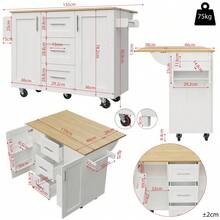 Kitchen Island, Removable Partitions, Removable Casters Like Kitchen Cabinets, Dining Cart With Countertop, Buffet Cabinet, Dining Cart With Wood Grain, Side Towel Rack With Casters, White - White + MDF+Metal - View 7