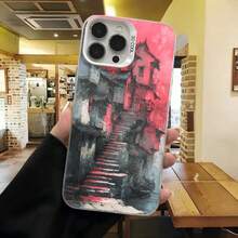 Cubierta de telefono con diseño artístico rosa y gris con escaleras abstractas para iPhone 15 Pro Max elegante para uso diario en cafeterías - Blanco - Ver 2