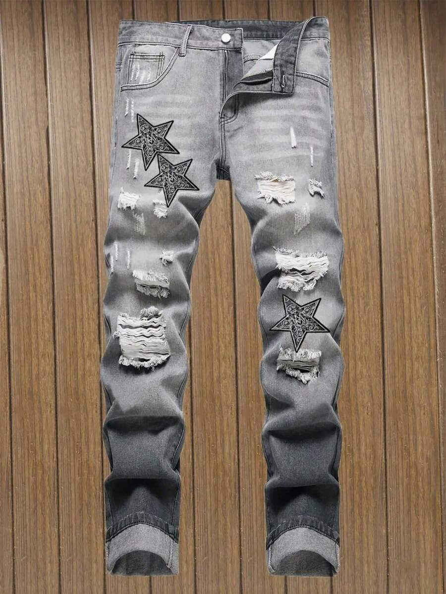 Men's Fashion Embroidered Star Distressed Denim Jeans - Grey - View 1