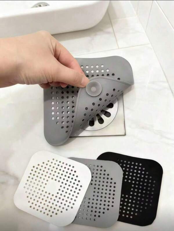 1个耐用硅胶方形淋浴地漏盖，带吸盘，可收集毛发，适用于浴室、浴缸和厨房，浴室配件，夏季浴室装饰