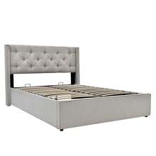 Hydraulic Double Upholstered Bed 160x200cm, Bed With Slatted Base Made Of Metal Frame, Modern Bed Frame With Storage Space, Cotton, Light Grey