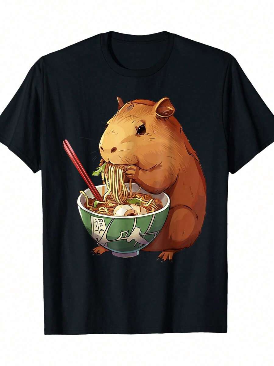 Cute Kawaii Capybara Eating Japanese Ramen Noodles Anime T-Shirt 220g 100% Cotton - Black - View 1