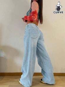大码女式复古休闲弹力腰宽松直筒牛仔裤 春季款 - 淺色水洗藍 - 查看 5