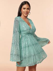 D&M 波浪纹亮片深V领喇叭宽松长袖女士派对连衣裙