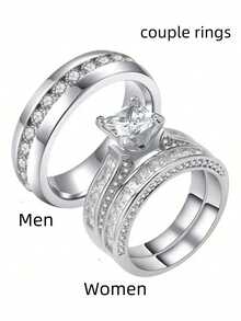 Charming Couple Ring Fashion New Silver Women's Wedding Ring Set, 1 Men's Stainless Steel Wedding Ring Valentine's Day Jewelry - 銀色 - 查看 1