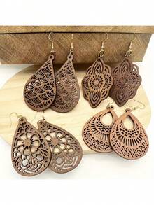 4 Pairs/Set Retro Carved Floral Dangle Earrings, Elegant Vintage Style Wooden Jewelry, Gift For Women - Coffee Brown - View 7