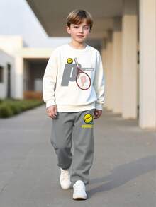 男童棒球印花长袖上衣和抽绳长裤两件套休闲运动卫衣裤套装，春/秋/冬 - 灰色 - 查看 2