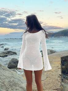 Đầm croptop hở lưng tay dài hở lưng gợi cảm màu trơn cho nữ, thích hợp cho kỳ nghỉ ở bãi biển, mùa xuân/hè - trắng - Xem 4