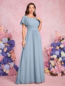 Volly Toych 优雅高贵的浅蓝色雪纺伴娘礼服，采用垂褶荷叶边下摆、短袖和圆领设计，适合特殊场合。 - 霧霾藍 - 查看 1