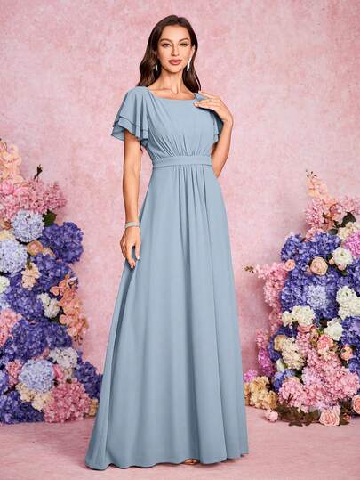 Volly Toych Elegante y noble vestido de dama de honor de gasa azul claro, con diseño de cuello redondo, mangas cortas con volantes y dobladillo con volantes, adecuado para ocasiones especiales