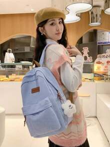 Mochila minimalista de gran capacidad para mujer de unicolor, mochila funcional de pana con parche de letra, de gran capacidad, ligera y portátil, perfecta para adolescentes, mujeres, estudi - Azul - Ver 9