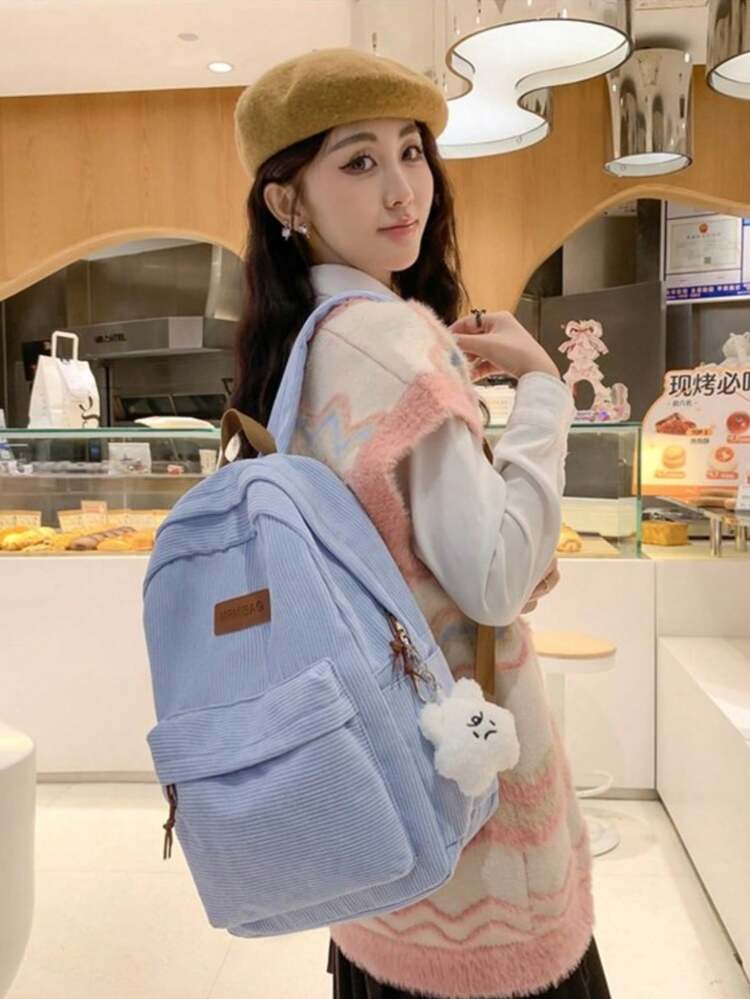 Minimalist Large Capacity Backpack For Women, Solid Color, Functional Corduroy Backpack With Letter Patch, Large Capacity, Lightweight And Portable, Perfect For Teens, Women, Students - Blue - View 9