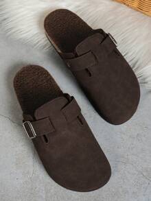 女士休闲纯色绒面革一脚蹬穆勒拖鞋,有保暖内衬和非保暖内衬版本 - 深咖啡加絨 - 查看 6