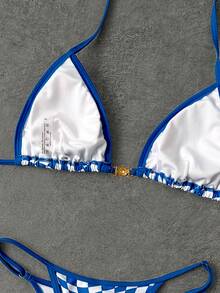 女士时尚格子印花优雅比基尼套装，性感吊带沙滩度假夏季装 - 藍色 - 查看 5