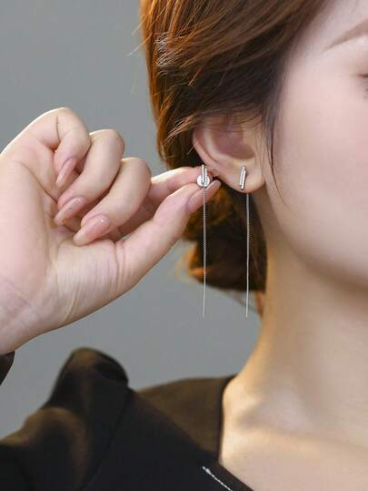 1 par de pendientes de cadena de barra de plata minimalista, pendientes largos de diseño único personalizado, accesorio elegante y versátil