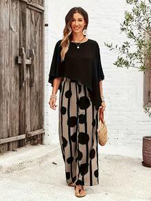 Plus Size Women 2 Pieces Set - Asymmetrical Hem Short Sleeve Top And Straight Leg Pants - Multicolor - View 2