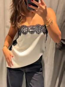 Women's Fashion Street Style Cami Top, Floral Lace Patchwork Satin Camisole, Elegant Backless Sleeveless Spaghetti Strap Top, Solid Color Woven Fabric Lace Splice Sexy Camisole For Evening Date, Daily Wear In Summer - Apricot - View 4