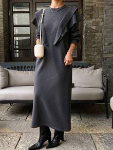 Livesso Women's Loose Straight Dress With Layered Ruffle Shoulder, Solid Color Casual Thickened Fleece Sweater Dress Maxi Dress - Grey - View 3