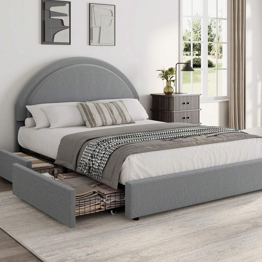 Meiyiu Twin/Full/Queen Size Bed Frame With Storage Drawers, Upholstered Boucle Platform Bed With Round Headboard, Heavy Duty & Noise Free, No Box Spring Needed - Grey-Full - 查看 1