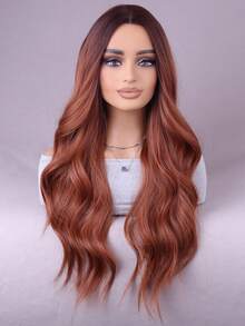 自然逼真的26英寸红棕色长波浪卷发耐热合成假发，中分设计，适合日常和派对佩戴 - 彩色 - 查看 4