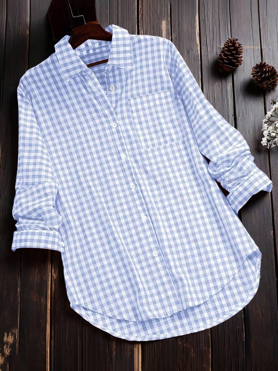 女式复古格子长袖休闲衬衫，春夏 - 淺藍色 - 查看 1