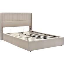 Storage Bed, Upholstered Bed, Hydraulic Double Bed 140x200cm, Wooden Slatted Base, Bed With Metal Slatted Base, Linen, Beige - Beige - View 7