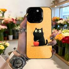 Cubierta de teléfono con diseño de gato negro y manzana roja color naranja para uso diario en floristerías y espacios elegantes Aplicable a los teléfonos de la serie Apple y Galaxy - Negro - Ver 2