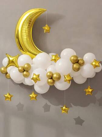 61pcs Ramadan Set, Includes Gold Moon, Star Foil Balloons, White & Gold Latex Balloons, Suitable For Eid Al-Fitr Home Decor, Ramadan Theme Party Decorations, Ramadan Kareem, Ramadan Mubarak, Eid Mubarak, Eid Al-Fitr Party