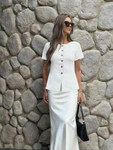 FOR BEAUTY Chân váy chữ A tối giản, thanh lịch, phong cách thành thị đường phố, chất liệu vải trơn, dành cho nữ, mùa xuân/hè, mặc hàng ngày và dịp năm mới, màu trắng. - trắng - Xem 5