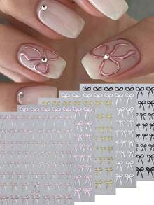 4 miếng dán móng tay 3D hình nơ hồng đỏ chủ đề Ngày Valentine, họa tiết nơ lấp lánh/đen trắng, tự dính, dùng trang trí móng tay cho đám cưới/năm mới. - Nhiều màu - Xem 3