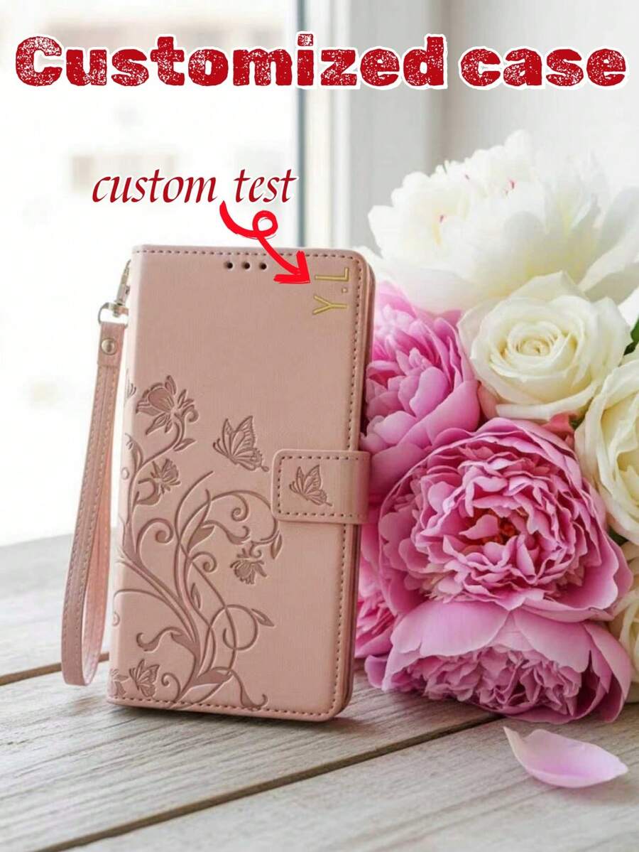 1pc Custom Wallet-Style Phone Case With Embossed Floral And Butterfly Patterns, Featuring A Wrist Strap And Built-In Card Slot, And Customizable With A Creative Gold-Stamped Name. A Perfect Birthday And Christmas Gift. Compatible With IPhone 17 Pro Max/16/15/14/13/12/11 Pro Max. Utilizes 3D DIY Engraving And Gold-Stamping Technology.