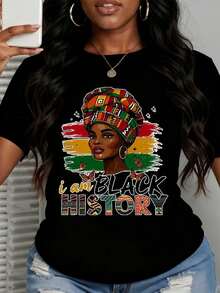 Women African Print Woman With Headwrap I Am Black History Graphic T-Shirt Fashion Casual Cotton Tee Soft Comfortable For Everyday Wear And Celebrating Heritage - màu đen - Xem 1