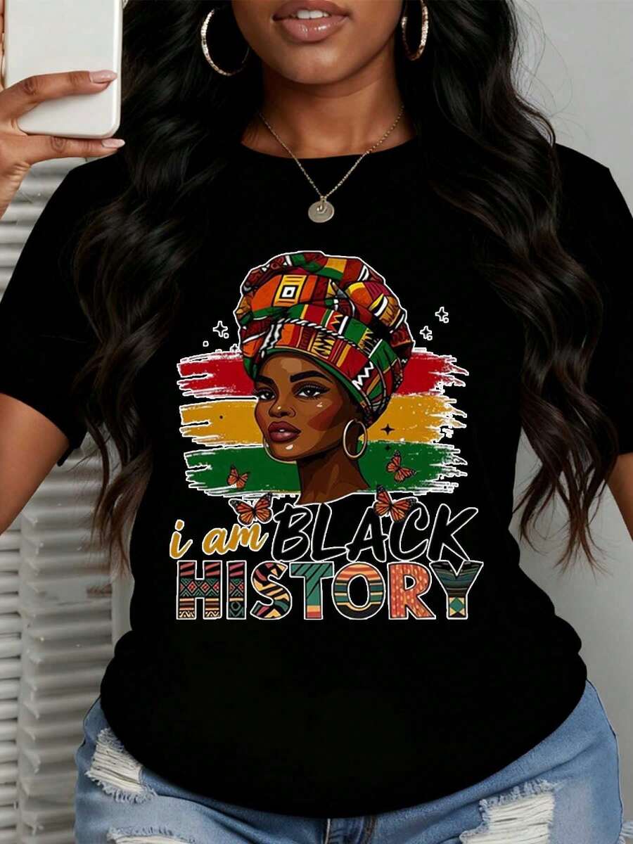 Women African Print Woman With Headwrap I Am Black History Graphic T-Shirt Fashion Casual Cotton Tee Soft Comfortable For Everyday Wear And Celebrating Heritage - màu đen - Xem 1
