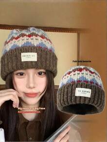 1pc Colorful Fair Isle Beanie Hat, Warm Thermal Lined Ear Protection, Breathable Knit Casual Cap, Suitable For Autumn/Winter, Great Gift For Men