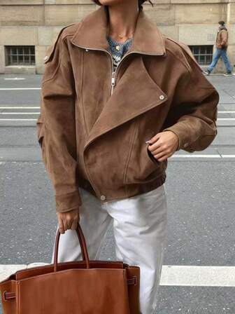 秋季女装女式夹克复古腰带短款麂皮宽松翻领拉链长袖外套女式2025秋季女士通勤外套校服可爱上衣女式Y2K服装街头时尚复古风格女士教师装