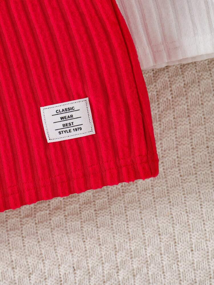 3pcs/Set Young Girls' Solid Ribbed Minimalist Elegant Dress - Red - View 7