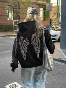 Women's Casual Graphic Print Loose Fit Thermal Lined Hoodie Sweatshirt, Winter - Black - View 6