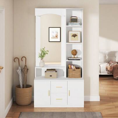 90*40*180cm Multifunctional Hallway Unit With Storage, Wardrobes With Shoe Rack And Mirror, Wardrobe With 2 Drawers And 2 Cabinets, Chest Of Drawers With Shelf, White