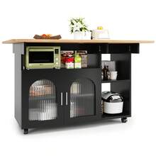 Kitchen Island, Modern Kitchen Island, Kitchen Cabinet, Serving Cart, Buffet Cabinet, Dining Cart With Wood Grain, Buffet Cabinet, Multifunctional Dining Table With Storage Space, Black - Black + Natural + Glass + MDF - View 4