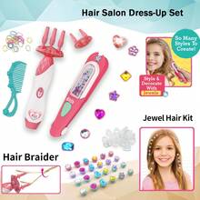 Girls' Hair Styling DIY Set - Magic Braider And 8 Gem Hair Accessories. This Salon Role-Play Set Includes A Children's Automatic Hair Braider That Can Create Pigtails, Twists, And Fishtail Braids, As Well As Various Styling Tools. The Set Contains A Braiding Aid, Comb, Colored Hair Ties, Headbands, Faux Gemstone Beads, And Shiny Hair Clips - All Designed Specifically For Girls To Safely Learn Braiding And Explore Their Creativity.