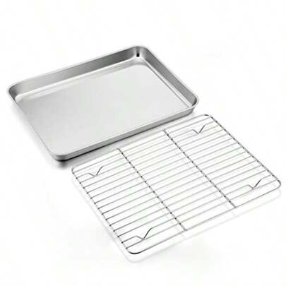 Cookie Sheet With Rack Set Half Sheet Baking Pan For Oven Cooking 18 X13 Stainless Steel Rimmed Tray With Wire Cooling Rack For Roasting Broiling Bacon Meat Steak - Dishwasher