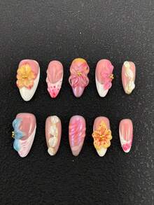 10 piezas de uñas en relieve hechas a mano con tecnología de tallado 3D multicolor, con forma de almendra de 2.5mm, degradado francés pintado a mano, decoración multicolor versátil adecuada para que las mujeres las usen en diferentes ocasiones, fiestas, bailes y uso diario, disponible en tres tamaños - Multicolor - Ver 2
